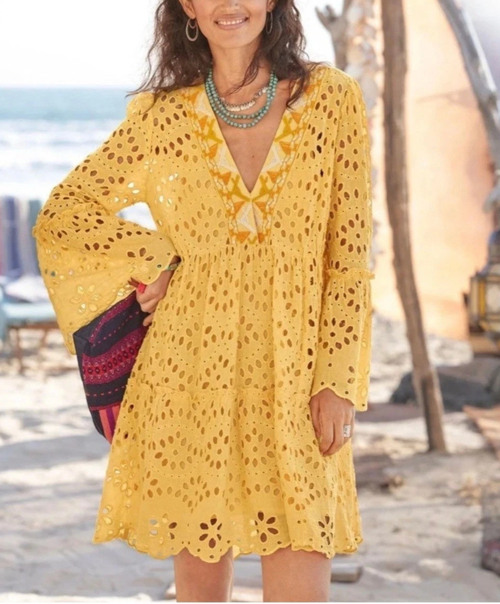 Sundance Yellow Eyelet Embroidered boho Dress XL Boho Tiered Lined A011010